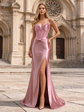 Spaghetti Strap Dusty Pink Satin Prom Gown Beaded Corset with Waist Twist & High Side Slit