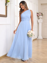 Vestido de madrinha de chiffon de um ombro só, franzido, modelo linha A, para noite e baile