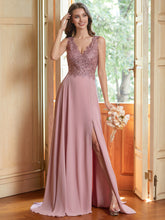 Brautjungfernkleid mit Spitzenapplikationen, langem Schlitz und Chiffon, formelles Abendkleid #MM2401013