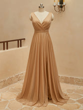 Vestido longo formal para madrinhas e baile de formatura, com brilho, decote V profundo transpassado, linha A e fenda alta #FE005