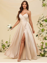 Satin Bridesmaid Dresses Long Slit V Neck Ruched A-Line Open Back Evening Gowns #BM2507218