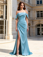 Langes schulterfreies drapiertes Satin-Meerjungfrauen-Abendkleid für formelle Anlässe #BM2501004