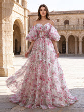 Vestido de festa de tule com aplicações florais 3D, ombro a ombro e mangas bufantes, saia evasê, vestido formal para a noite