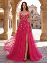 Tulle V-Neck Corset Prom Dress with Lace Appliques & Side Slit Spaghetti Strap A-Line Formal Evening Gowns