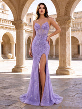 Meerjungfrauen-Abschlusskleid mit Spaghettiträgern, Korsett, Perlenstickerei, Pailletten und hohem Beinschlitz, festliches Abendkleid