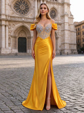 Abendkleid aus Satin mit V-Ausschnitt, Kristallen und Meerjungfrauenschnitt für Damen #PR2510015
