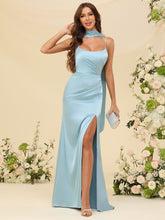 Vestidos justos de cetim franzido para madrinhas, com lenço no pescoço, para baile de formatura e eventos formais
