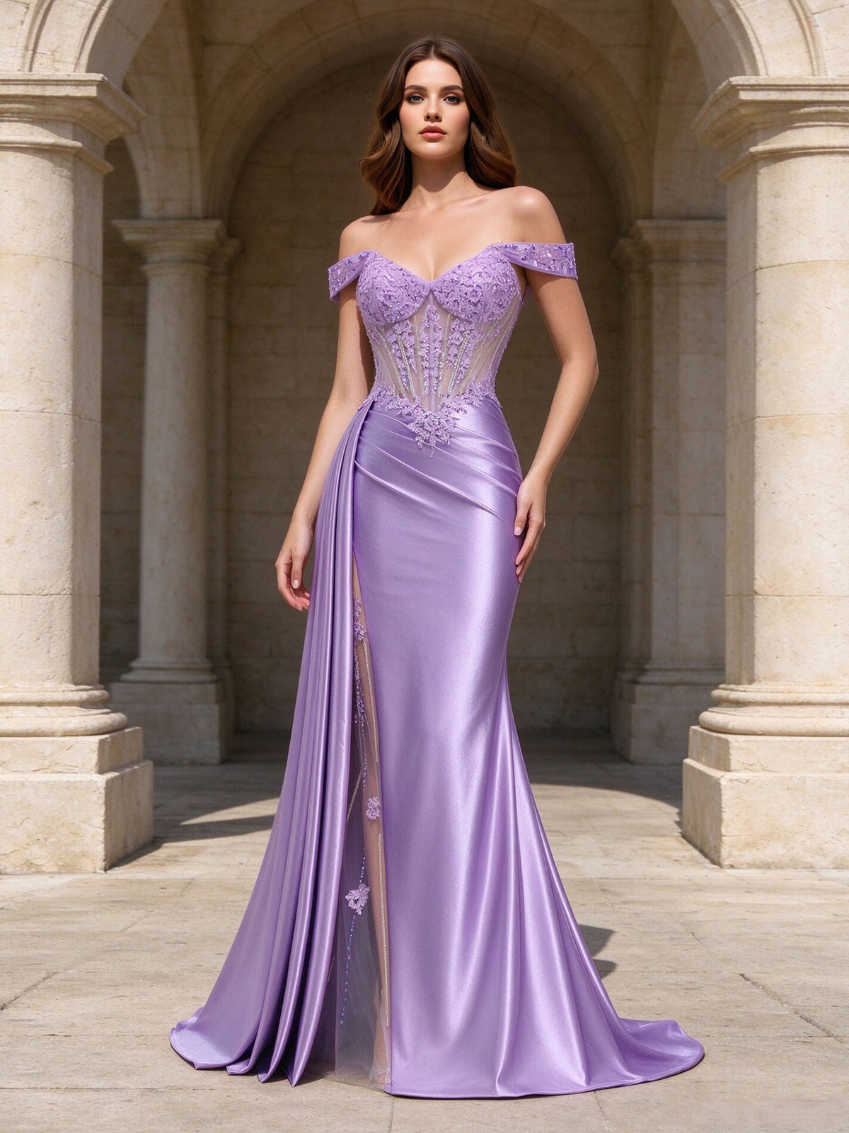 Off Shoulder Mermaid Prom Dress Sheer Corset Sequin Lace Satin Formal Gown With Draped Sash and Slit