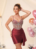 Robe de cocktail de cérémonie en satin, corset perlé à col en V, avec traîne #HC2604042