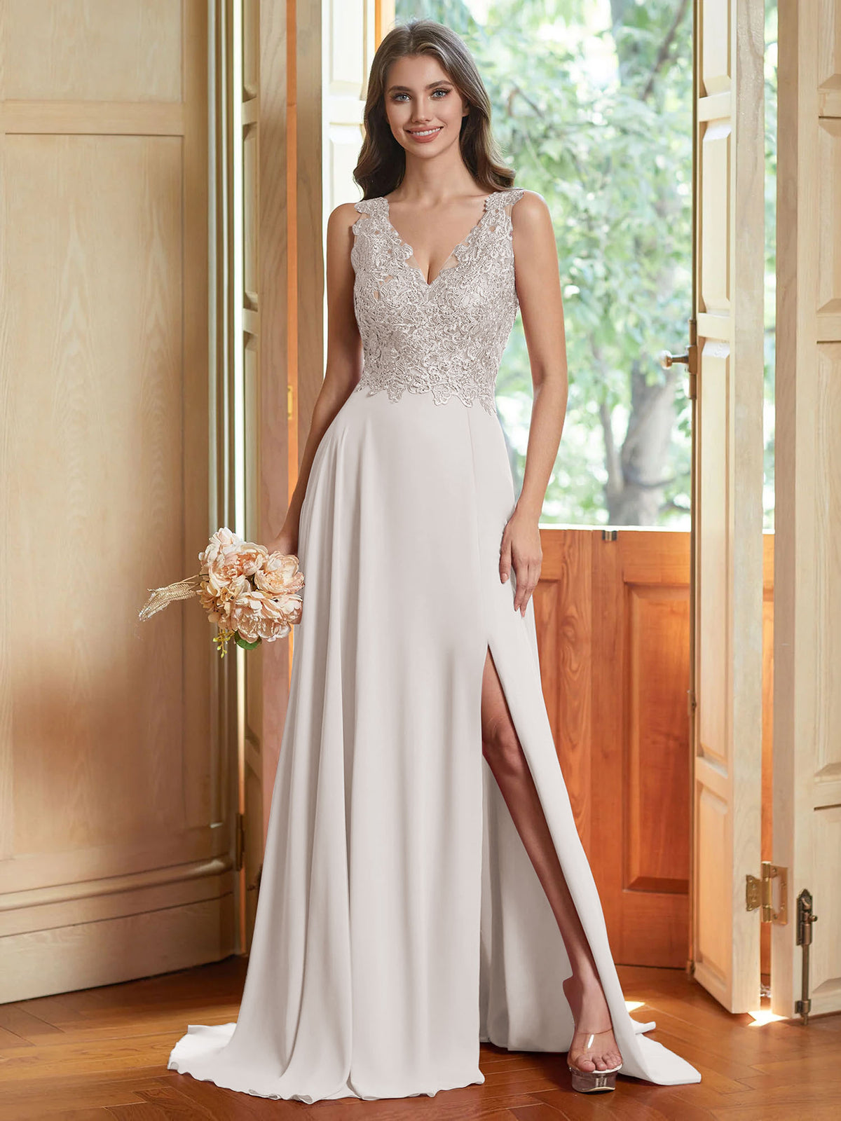 Simple Lace Appliques Chiffon Long A-Line Wedding Dresses for Bride #FEWD009