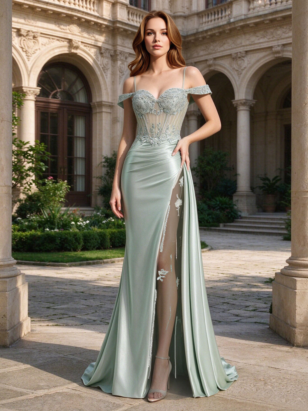 Salbeigrünes Satin-Abendkleid im Meerjungfrauenschnitt mit schulterfreiem Korsettoberteil, Spitzenapplikationen und hohem Schlitz