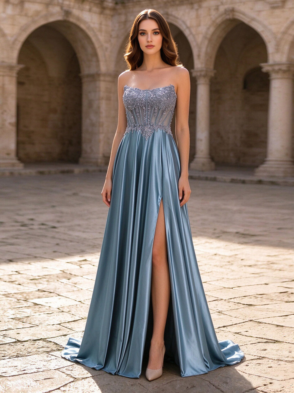 Dusty Blue Strapless Satin A-Line Prom Dress Beaded Corset Bodice Lace-Up Back High Slit