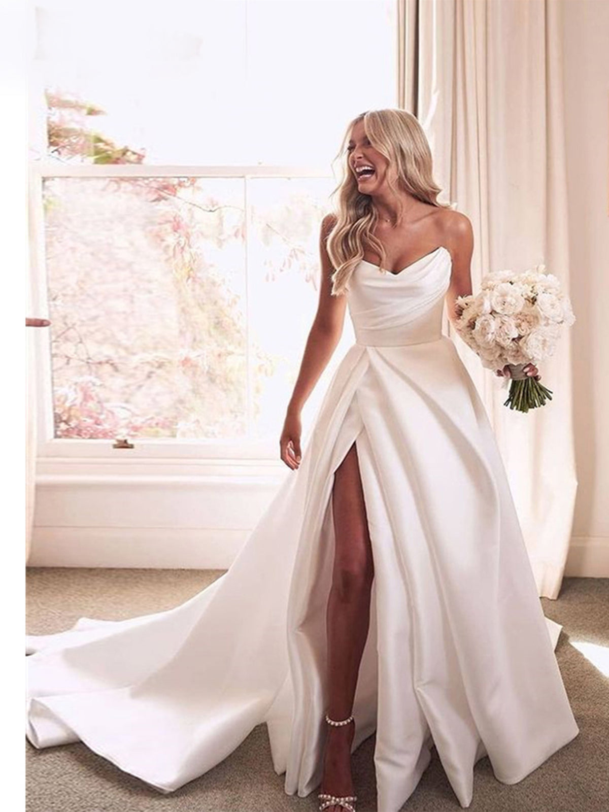 Klassisches, modernes, trägerloses Satin-Ballkleid mit Raffungen/Faltenlegung #HR096
