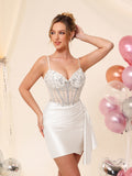 Robe de cocktail de cérémonie en satin, corset perlé à col en V, avec traîne #HC2604042