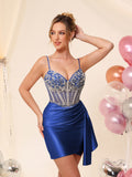 Robe de cocktail de cérémonie en satin, corset perlé à col en V, avec traîne #HC2604042