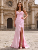 Satin-Abendkleid mit Verzierungen, langem Schlitz, V-Ausschnitt und rückenfreiem Design #PR2510012