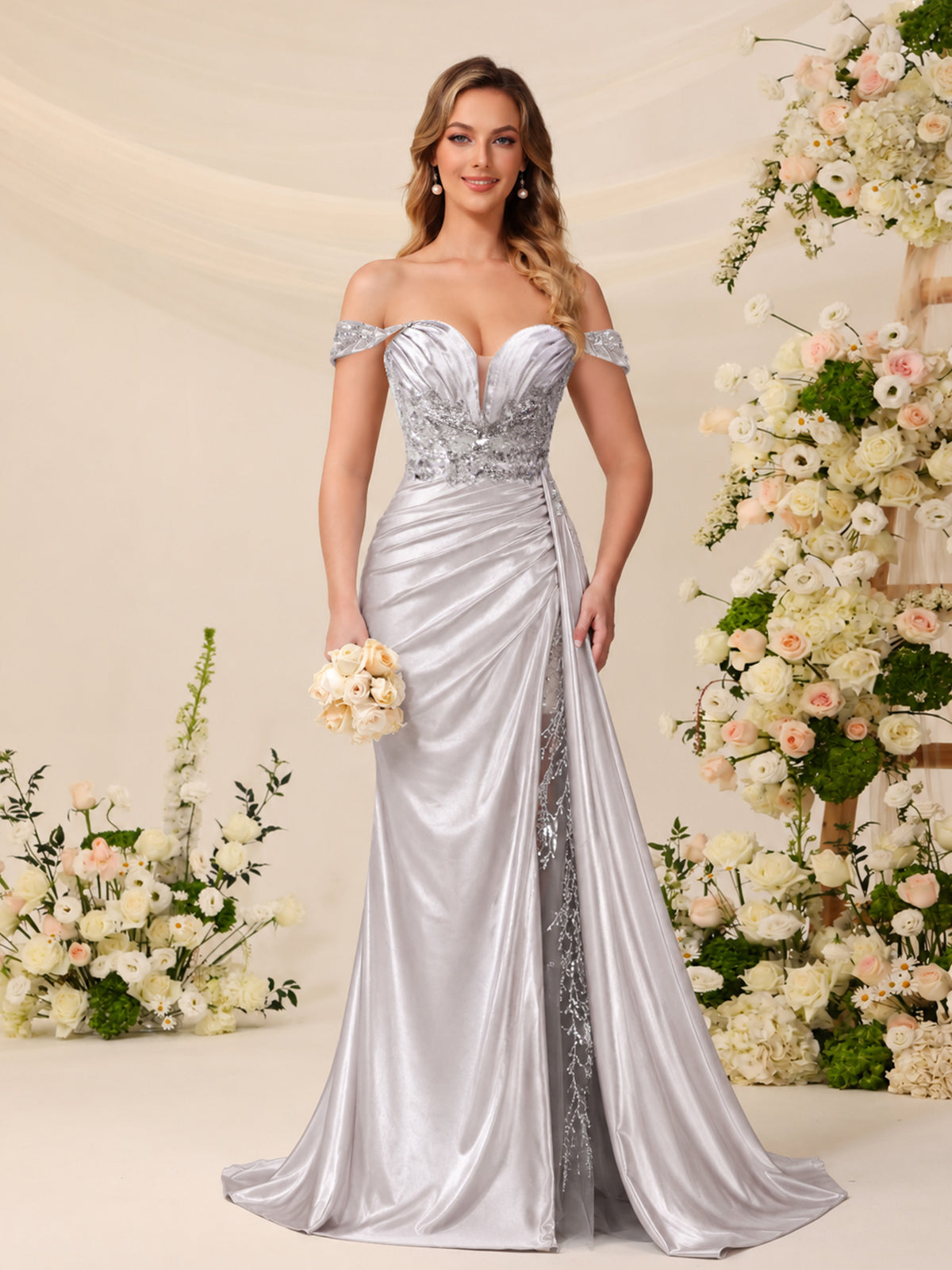 Off The Shoulder Satin Mermaid Prom Dress, Beaded Lace Corset Formal Gown with Lace-Up Back & Side Overlay #PR2401783
