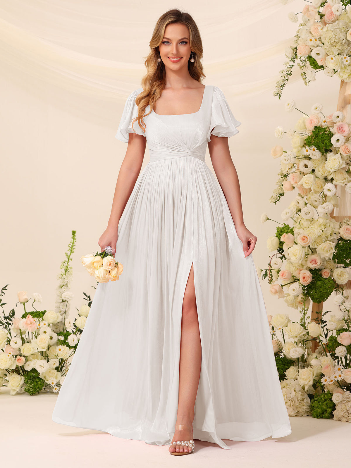 Abito da sposa lungo a trapezio in chiffon brillante con maniche a volant e pieghe #FEWD010
