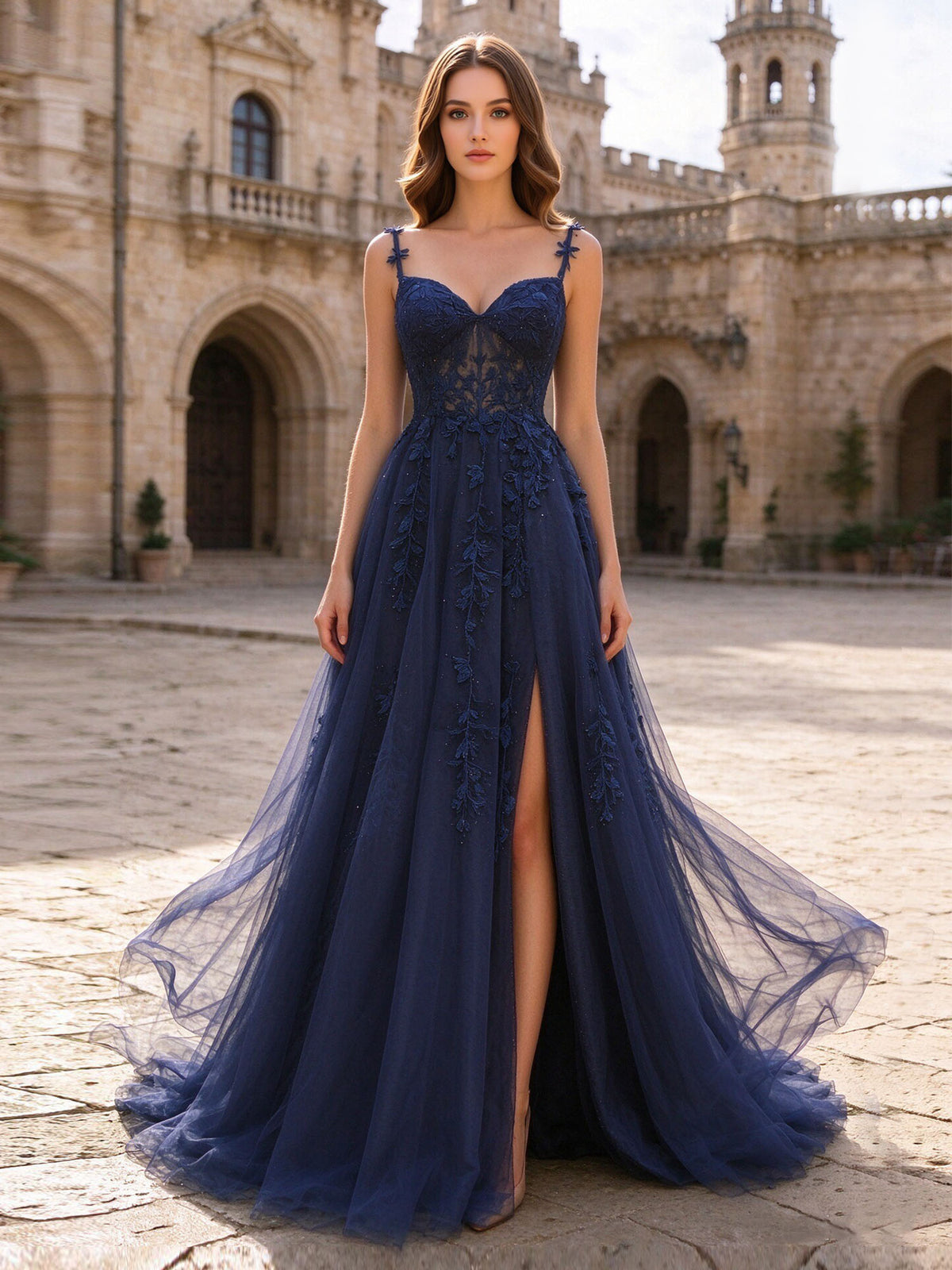 Navy Blue Spaghetti Strap A-Line Tulle Prom Dress 3D Floral Lace Appliques Sweetheart Neck High Side Slit