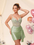 Robe de cocktail de cérémonie en satin, corset perlé à col en V, avec traîne #HC2604042