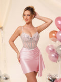 Robe de cocktail de cérémonie en satin, corset perlé à col en V, avec traîne #HC2604042