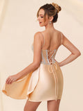 Robe de cocktail de cérémonie en satin, corset perlé à col en V, avec traîne #HC2604042