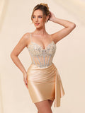 Robe de cocktail de cérémonie en satin, corset perlé à col en V, avec traîne #HC2604042