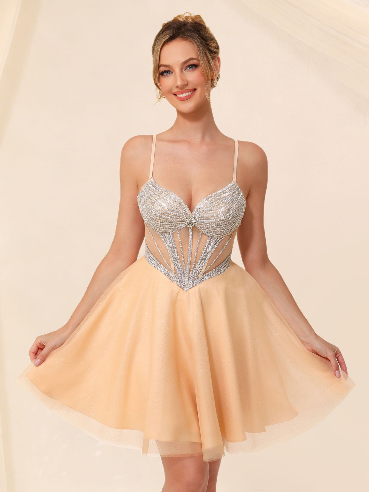 Kurzes Tüll-Abschlussballkleid mit Perlenverzierungen für Teenager, Korsett-A-Linien-Homecoming-Kleid #HC2604044