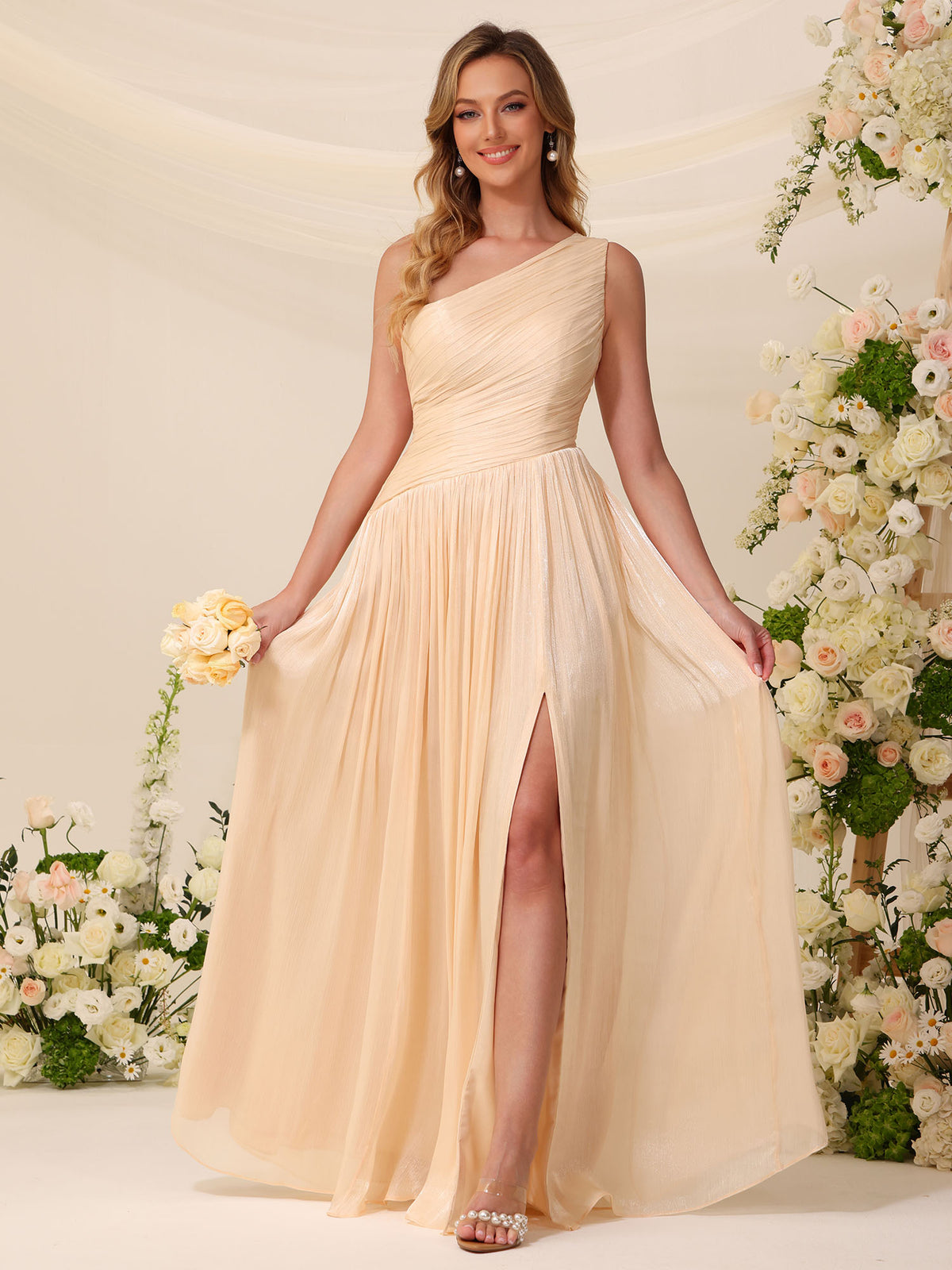 Shimmer Chiffon Bridesmaid Dress, One Shoulder Pleated A-Line Long Gown with High Side Slit & Lace-Up Back #BM2605007
