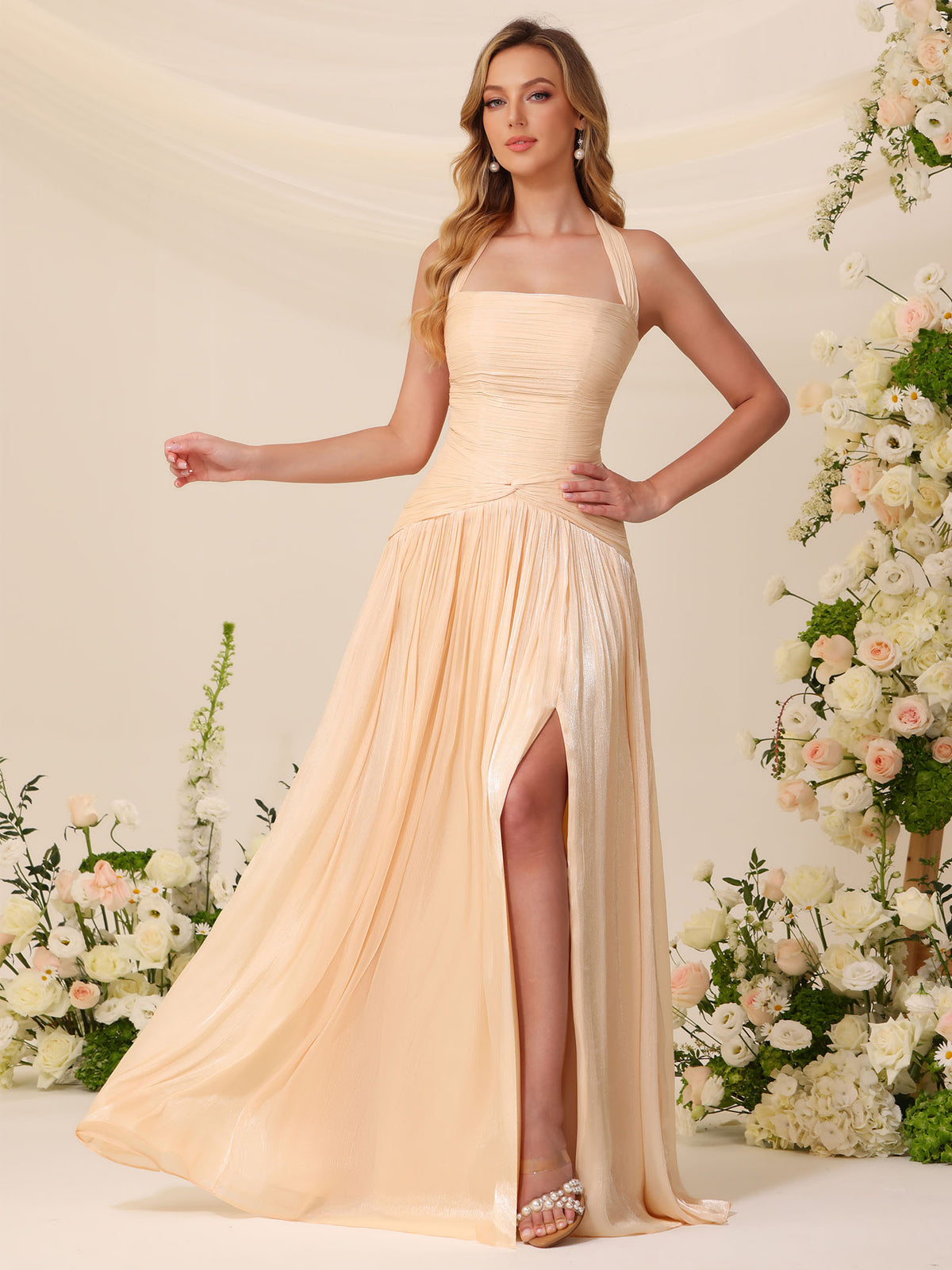 Abiti da damigella d'onore in chiffon (non elasticizzato), senza maniche, con scollo all'americana e linea ad A