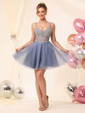 Abito corto da ballo in tulle scintillante con strass, scollo a V e corsetto #FEHC005