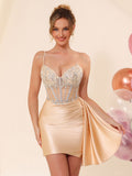 Robe de cocktail de cérémonie en satin, corset perlé à col en V, avec traîne #HC2604042