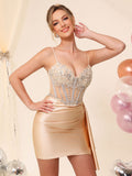 Robe de cocktail de cérémonie en satin, corset perlé à col en V, avec traîne #HC2604042