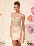 Robe de cocktail de cérémonie en satin, corset perlé à col en V, avec traîne #HC2604042