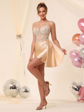Robe de cocktail de cérémonie en satin, corset perlé à col en V, avec traîne #HC2604042
