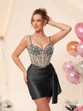 Robe de cocktail de cérémonie en satin, corset perlé à col en V, avec traîne #HC2604042
