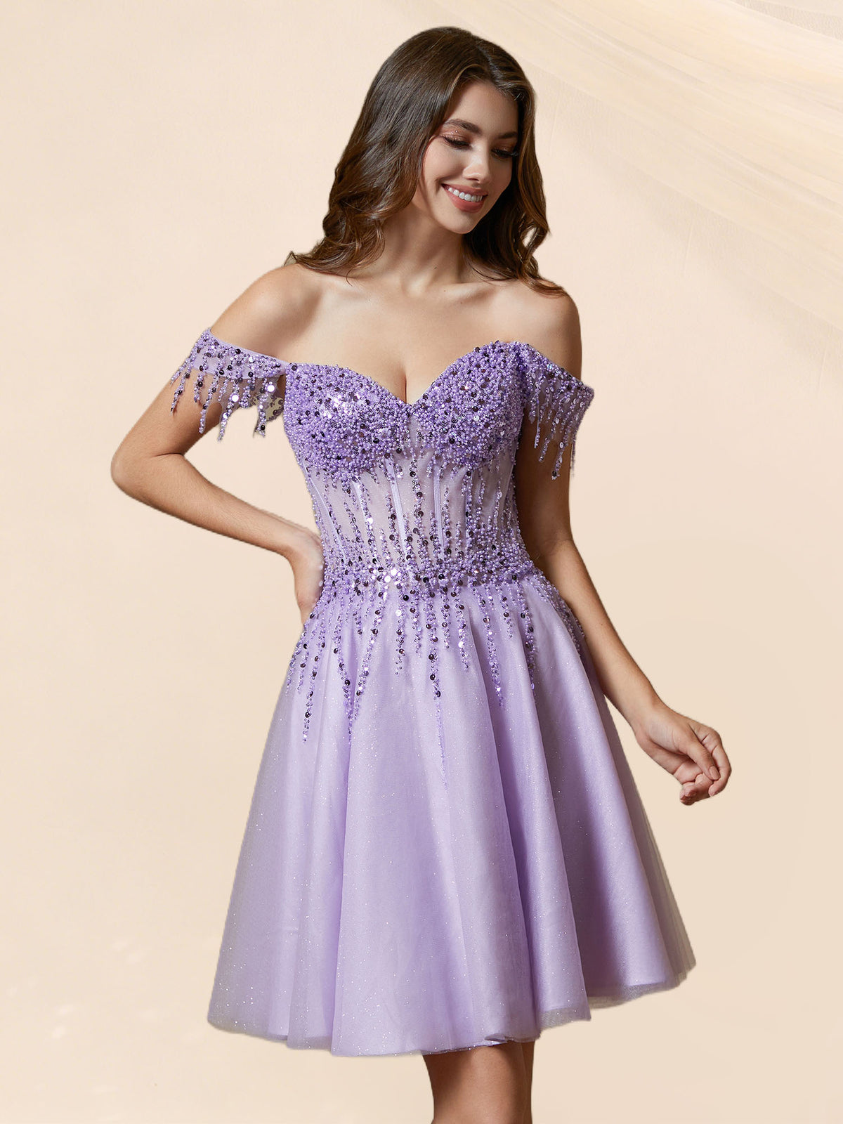 A Line Sweetheart Mini Off Shoulder Homecoming Dresses with Beaded Sequin #HC2401169