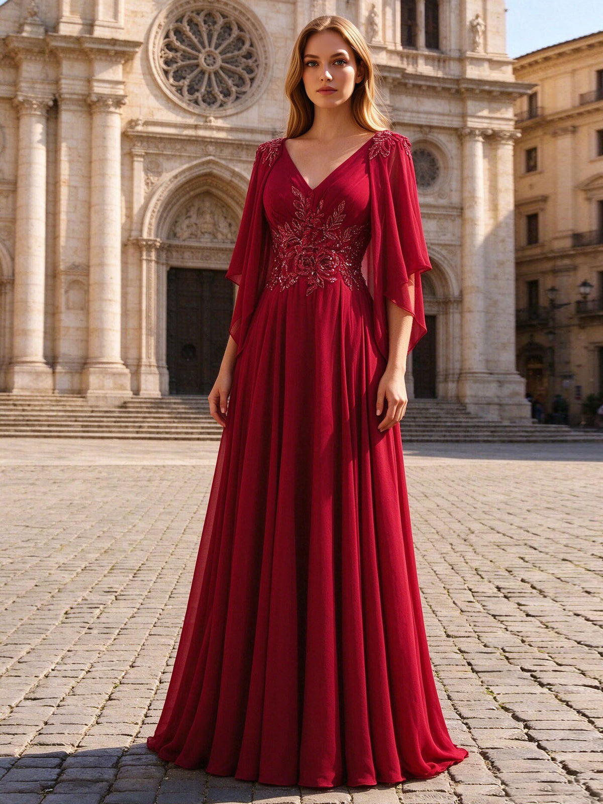 Vestido largo de noche formal de gasa con capa de mangas, detalles de pedrería y abertura, para fiesta #MM2512059
