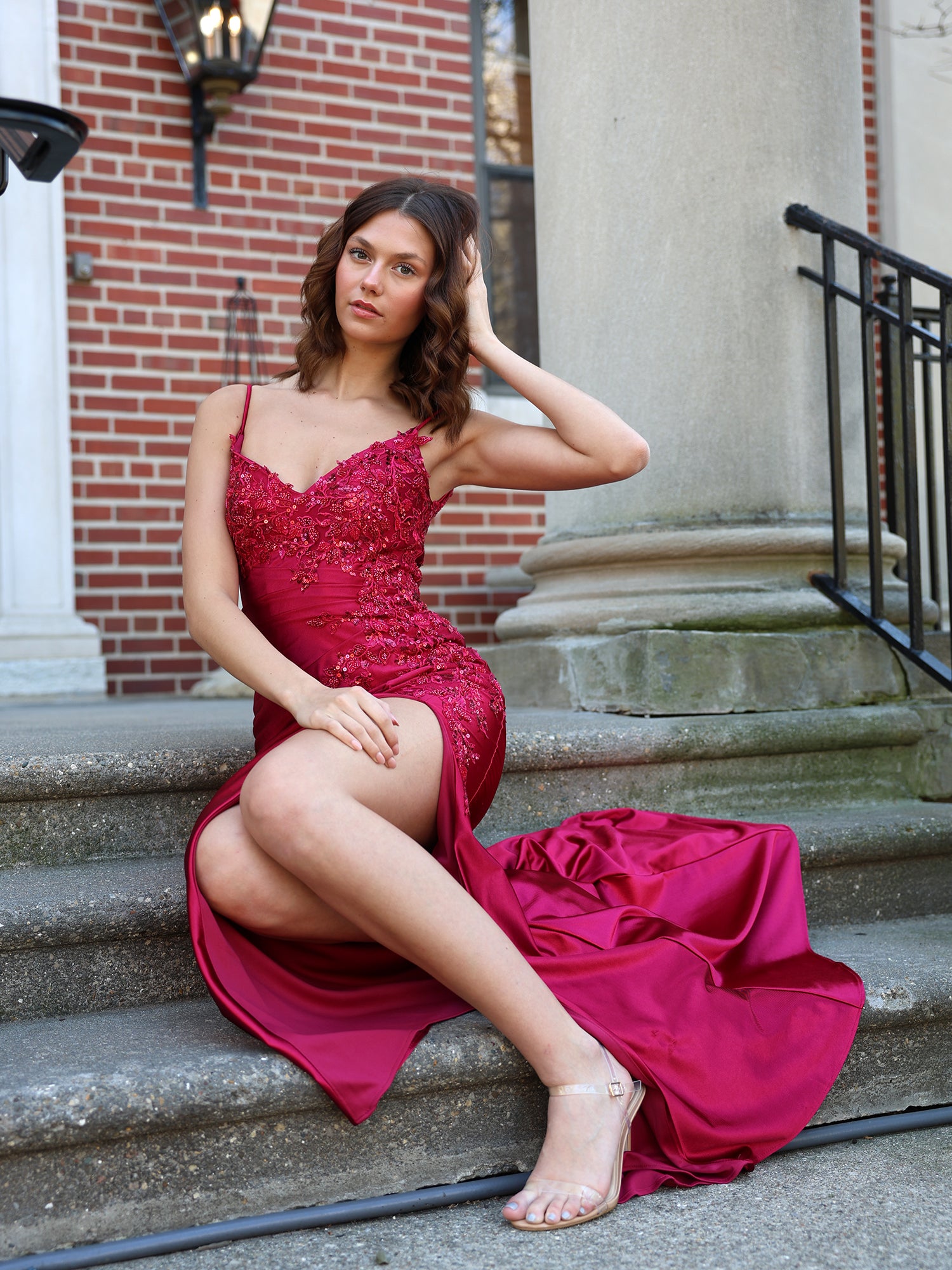 Satin Embellished Prom Dresses Long Slit V Neck Backless Evening Gown ...