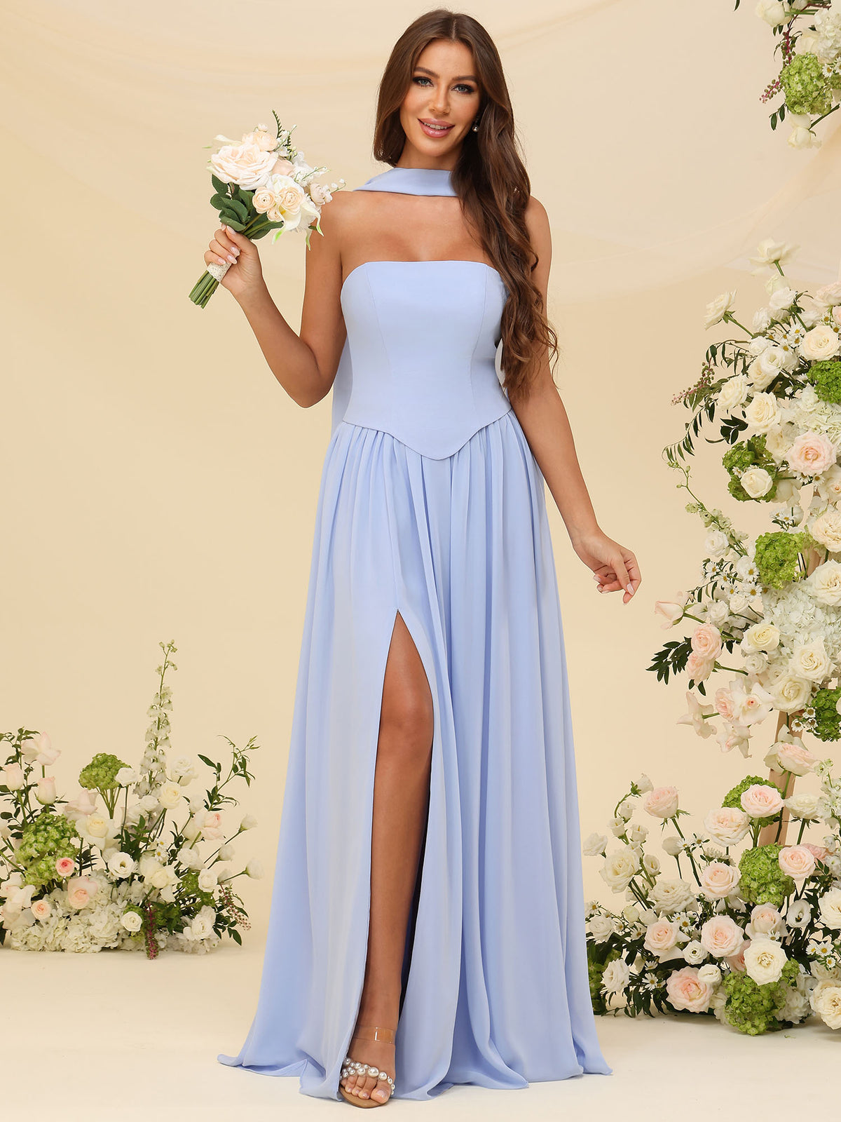 Trägerlose Kleider für Brautjungfern mit Halstuch, Chiffon, A-Linie, Abend- und Abschlussballkleid #PR2507038