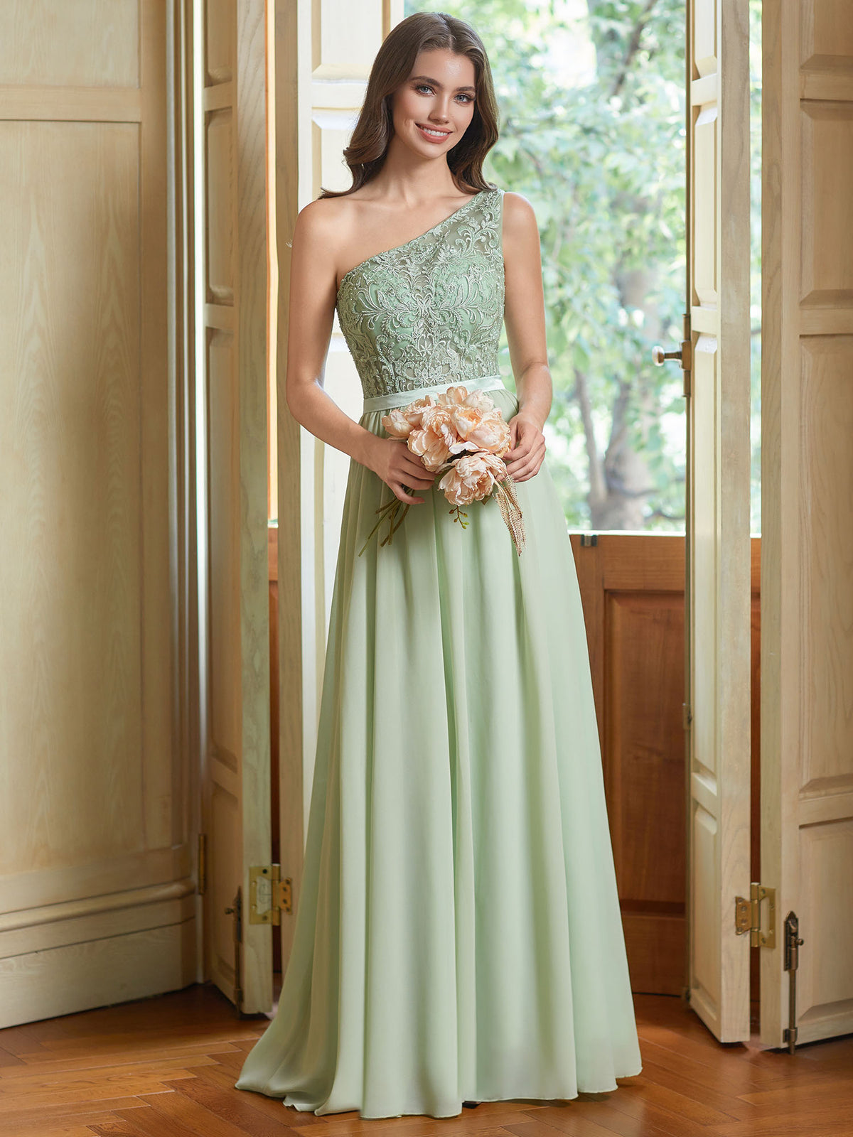 Robe de demoiselle d’honneur asymétrique à une épaule, longue, en mousseline et dentelle, coupe trapèze élégante #BM2401103