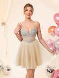 Abito corto da ballo in tulle scintillante con strass, scollo a V e corsetto #FEHC005
