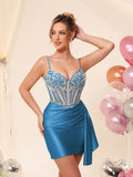 Robe de cocktail de cérémonie en satin, corset perlé à col en V, avec traîne #HC2604042