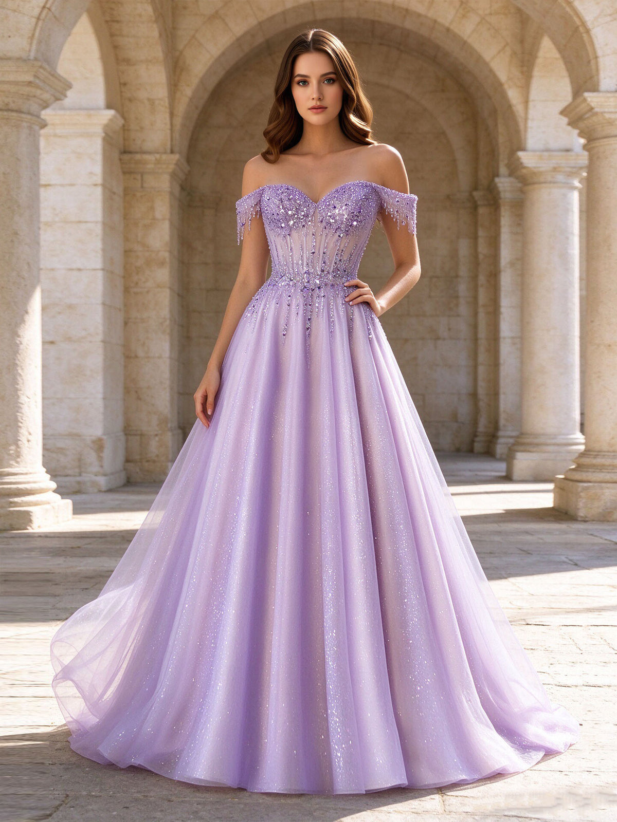Off Shoulder Beaded Glitter Tulle Ball Gown Sweetheart Corset Formal Prom Dress