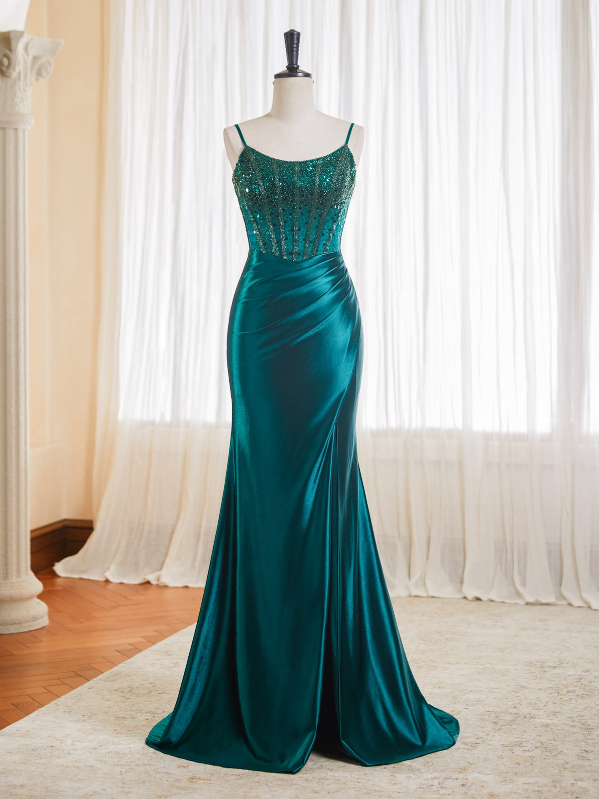 Spaghetti Straps Beaded Corset Bodice Draped Satin Mermaid Formal Evening Gown #FE021