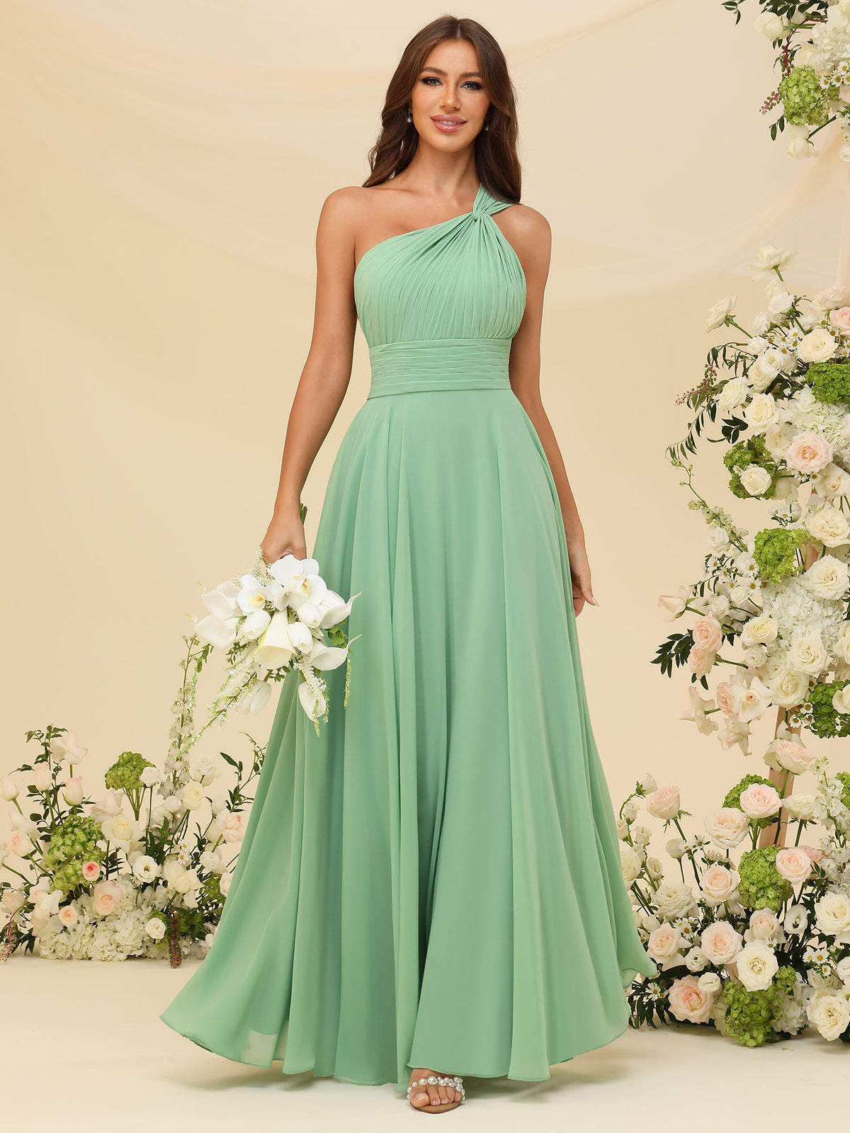 Gúnaí maighdeana bridal chiffon le gualainn amháin, gearrtha A-líne rocach, gúnaí foirmeálta tráthnóna #BM2607014