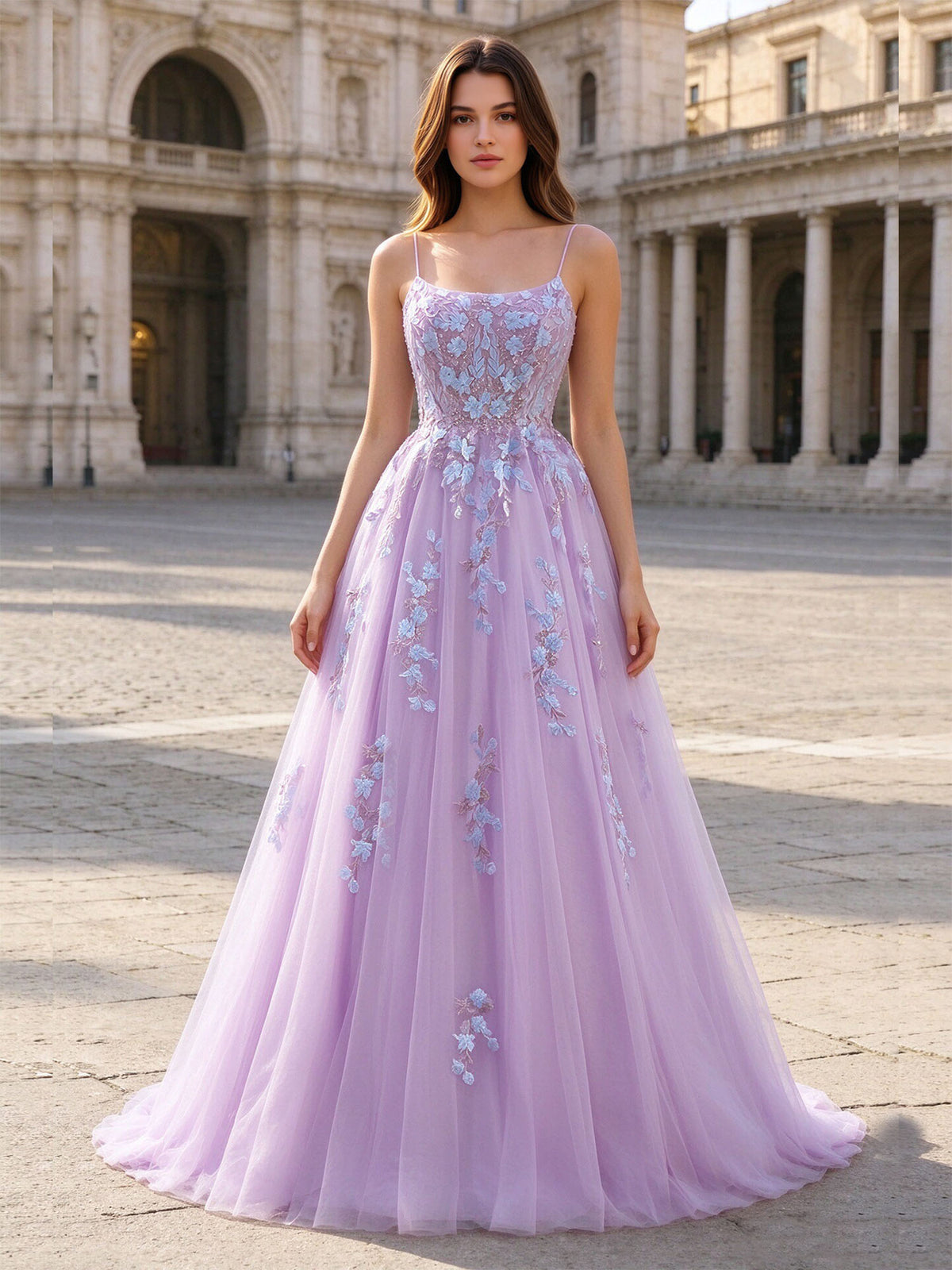 Abito da ballo in tulle con spalline sottili, scollo quadrato e applicazioni floreali 3D, linea ad A e schiena con allacciatura, abito da sera in pizzo