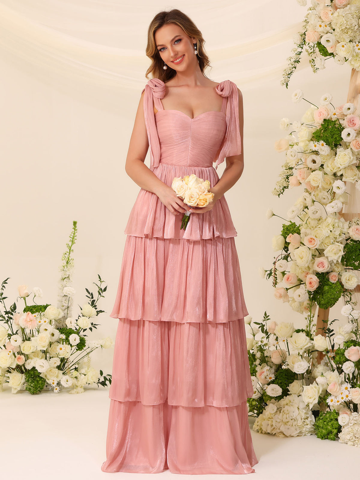 Shimmer Chiffon Bridesmaid Dress, Sweetheart Gown with Tie Shoulder Straps, Tiered Ruffle Skirt & Lace-Up Back #BM2605004