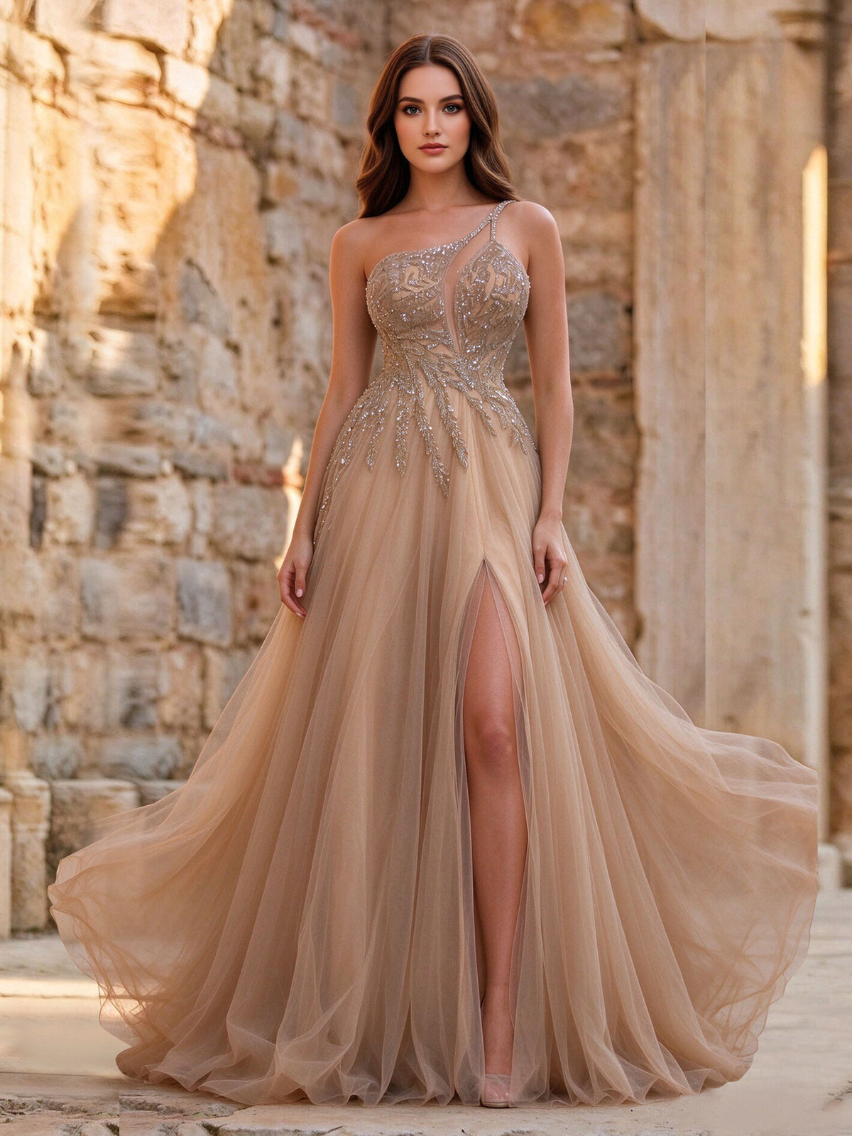 One Shoulder Beaded Long Prom Dress Cutout Bodice A Line Tulle Formal Gown With Slit and Lace Up Back