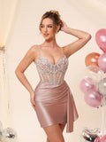 Robe de cocktail de cérémonie en satin, corset perlé à col en V, avec traîne #HC2604042